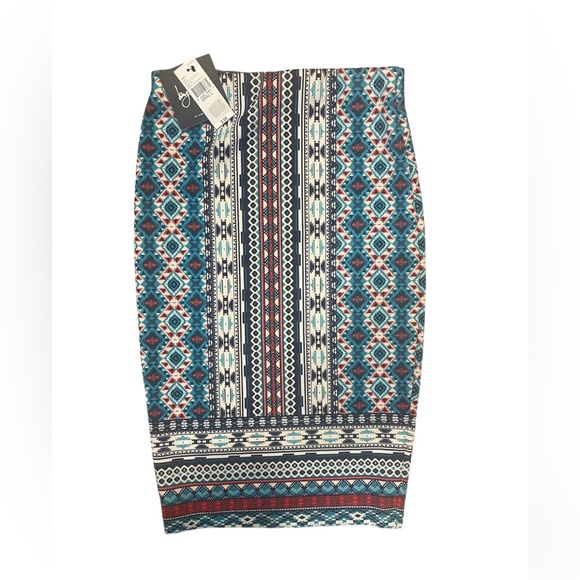By & By Navy, Red, Teal Aztec Pencil Skirt Small. - Picture 2 of 3